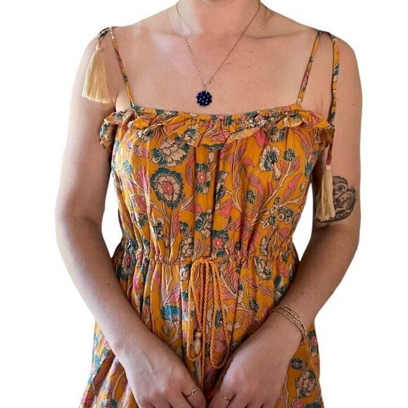 Pibita Marbella Womens Yellow Floral Spaghetti Strap Tropical Maxi Dress Sz M - Picture 6 of 6